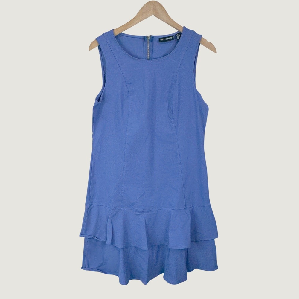 Nina Leonard Ruffle Hem Dress M Blue Sleeveless Sheath Feminine Flirty Classic